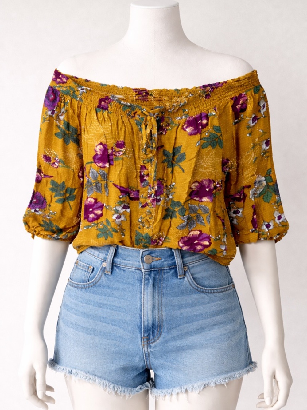 House of Harlow Mustard Yellow Floral Boho Peasant Blouse Grommet Tie Small